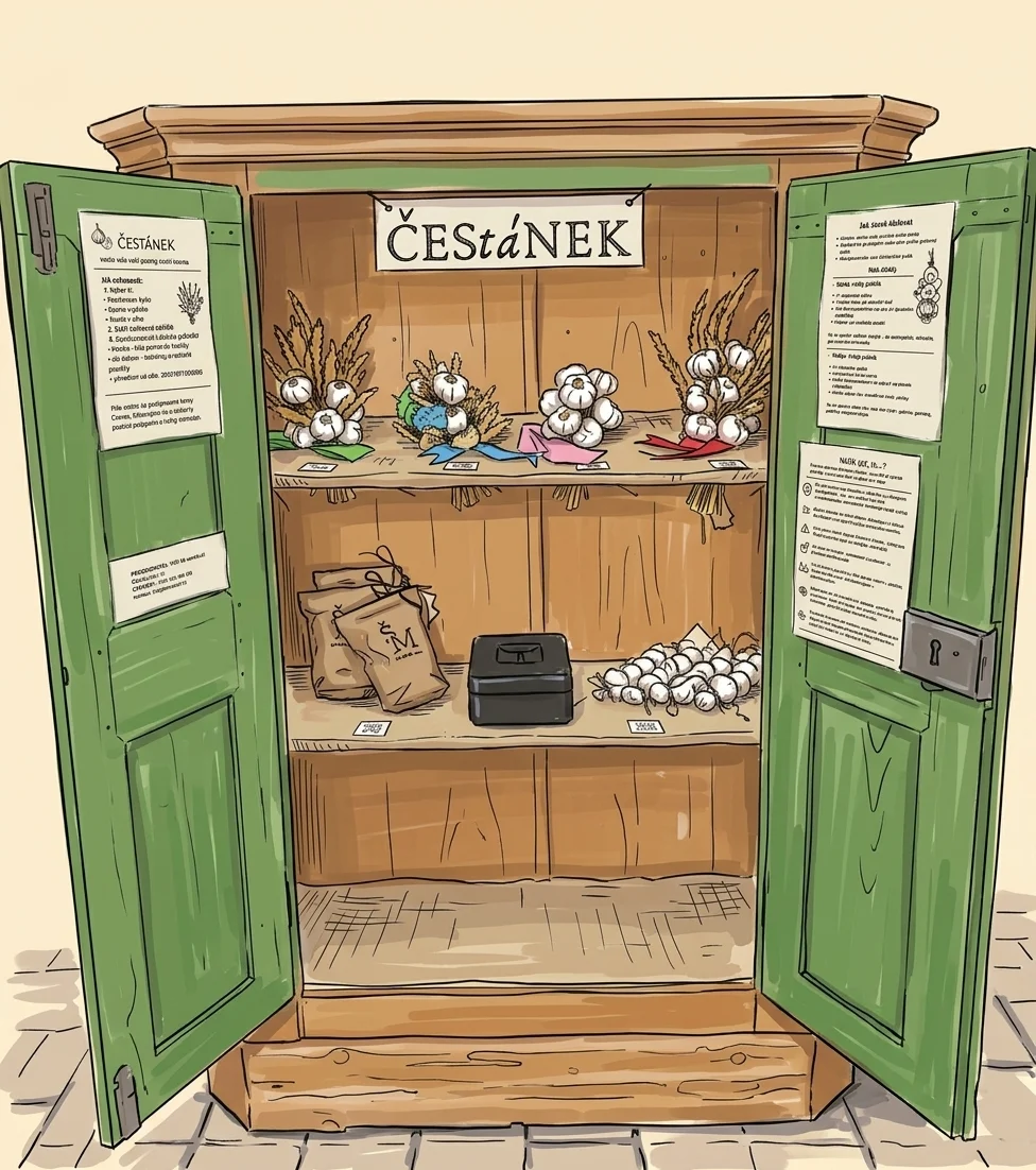 Samoobslužný dřevěný stánek Čestánek s českým česnekem a zdobenými svazky